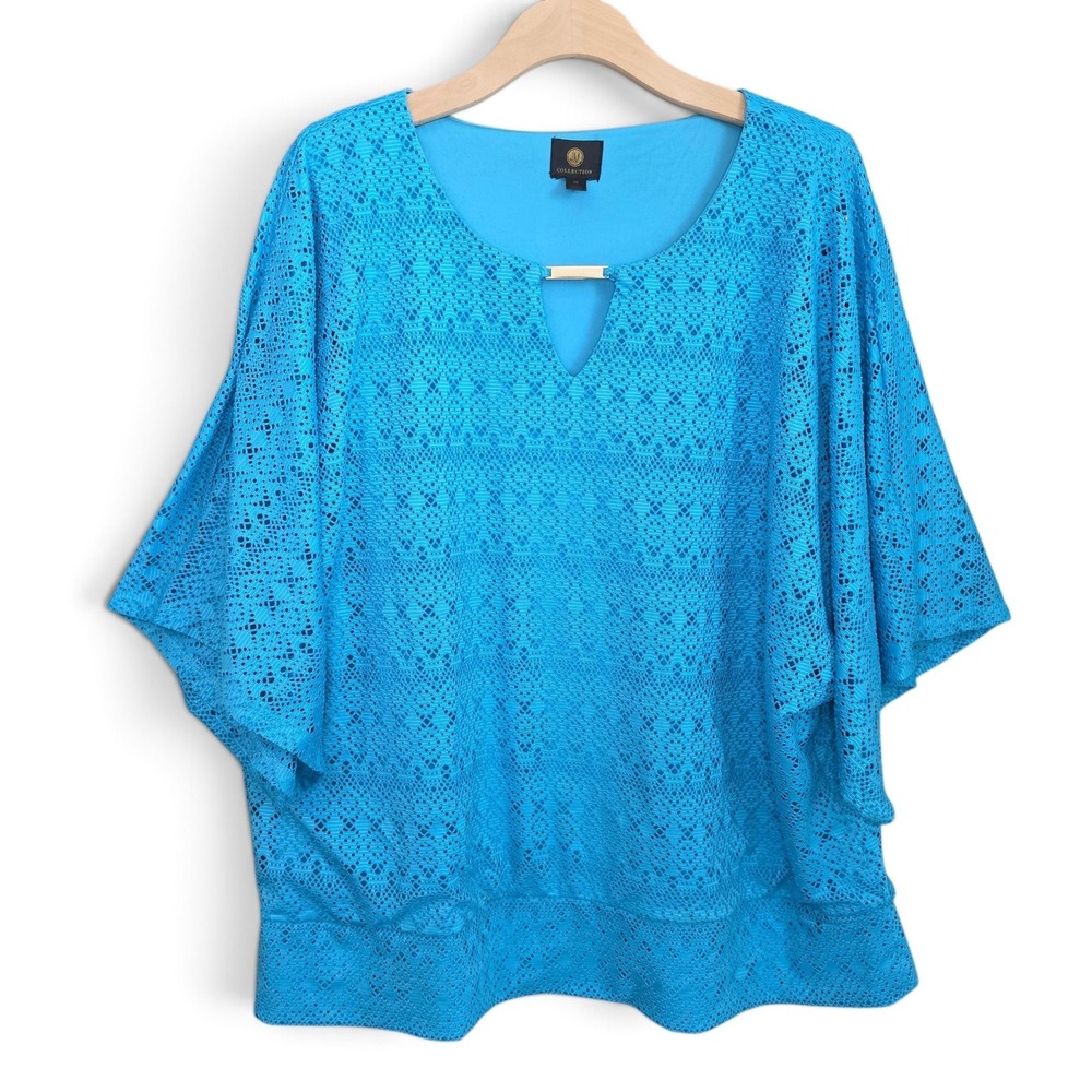JM Collection Top Womens 3X Blouse Turquoise Blue Lace Overlay Poncho Dolman